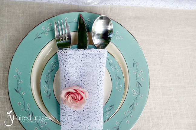  teal vintage place settings with the flatware wrapped in lace love