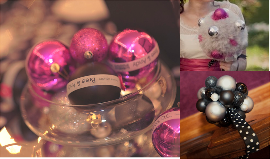Christmas Ornament Balls in shades of black silver and hot pink 