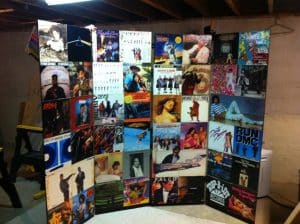 DIY photobooth backdrop vinyl record albums wedding decorations