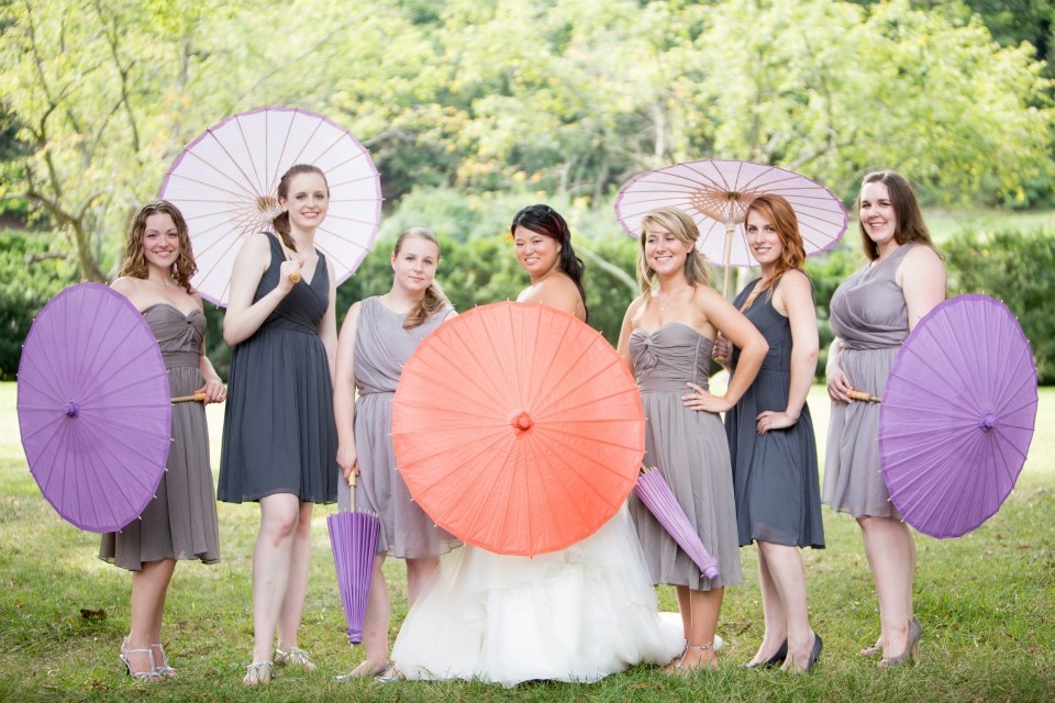 mismatched grey bridesmaids parasols pictures
