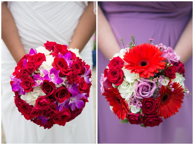 purple red flower bouquets bride bridesmaids offbeat