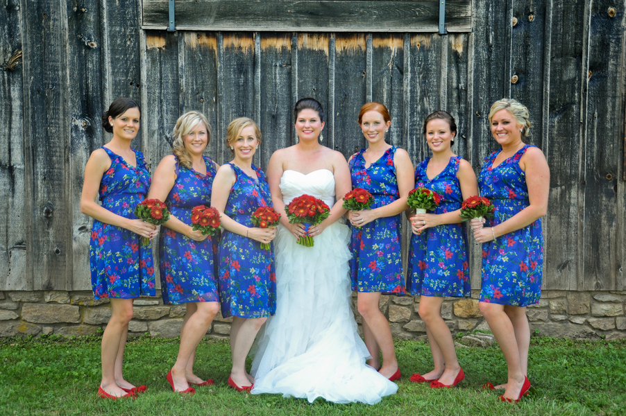 blue patterened bridesmaids dresses