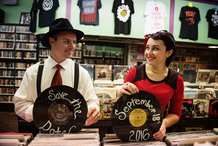 pin up 1950s inspired maryland record store engagement pictures (6)